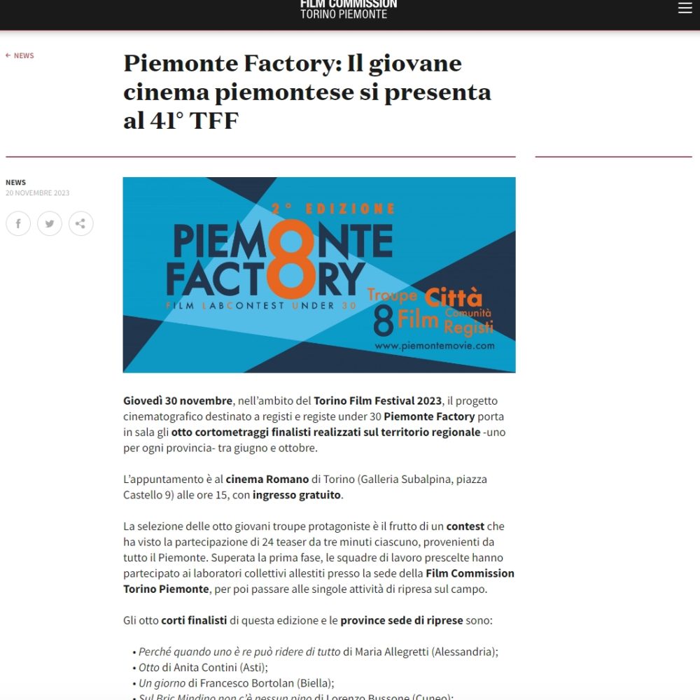 Piemonte Factory: Il giovane cinema piemontese si presenta al 41° TFF