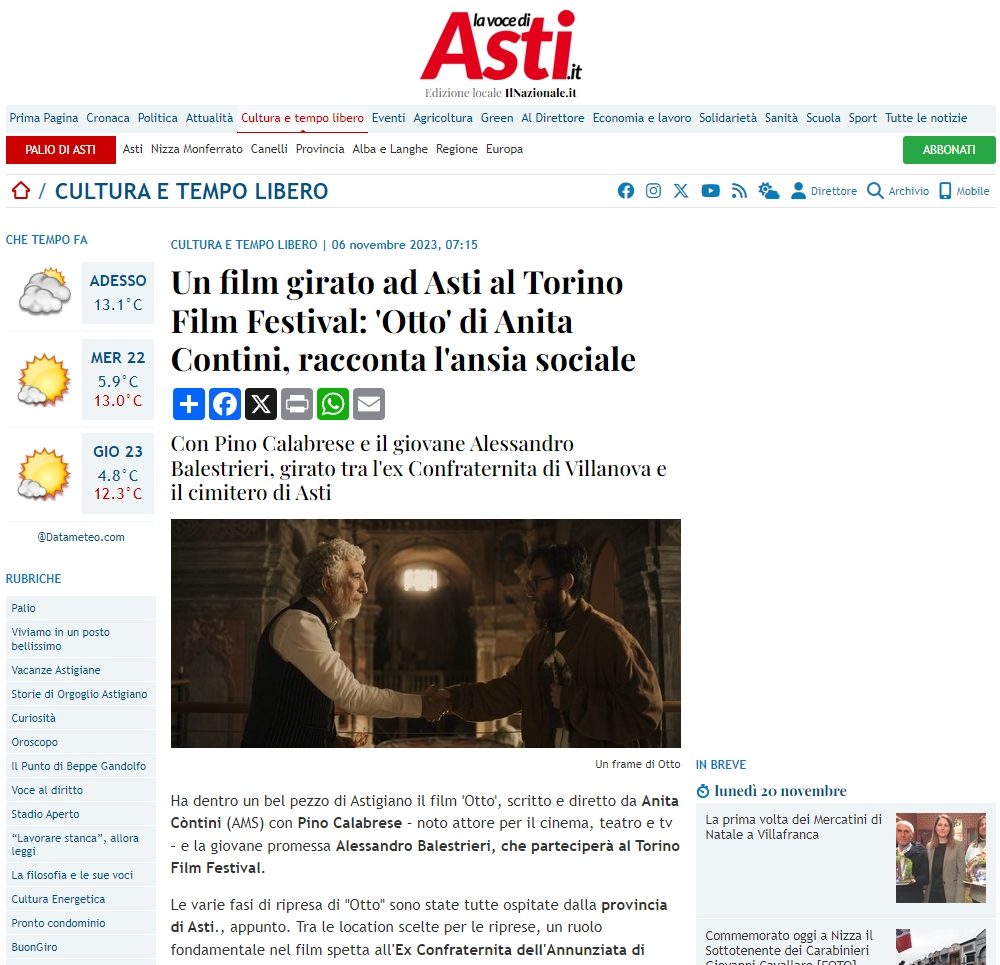 Un film girato ad Asti al Torino Film Festival: 'Otto' di Anita Contini, racconta l'ansia sociale